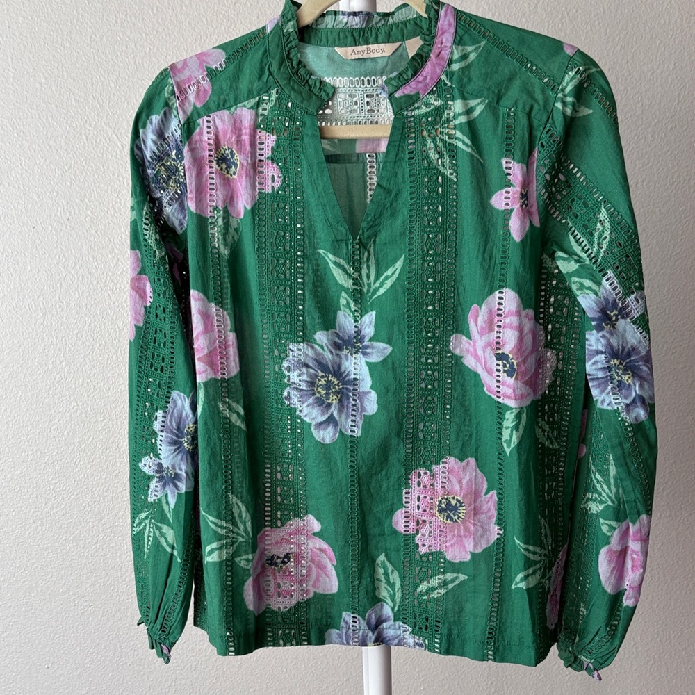 AnyBody Emerald Blouse with Floral Accents